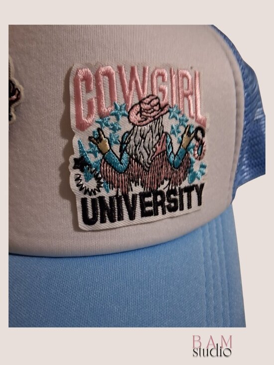 Custom Western Patch Trucker Hat | Cowgirl University | Blue Snap Back | Cross main image 5